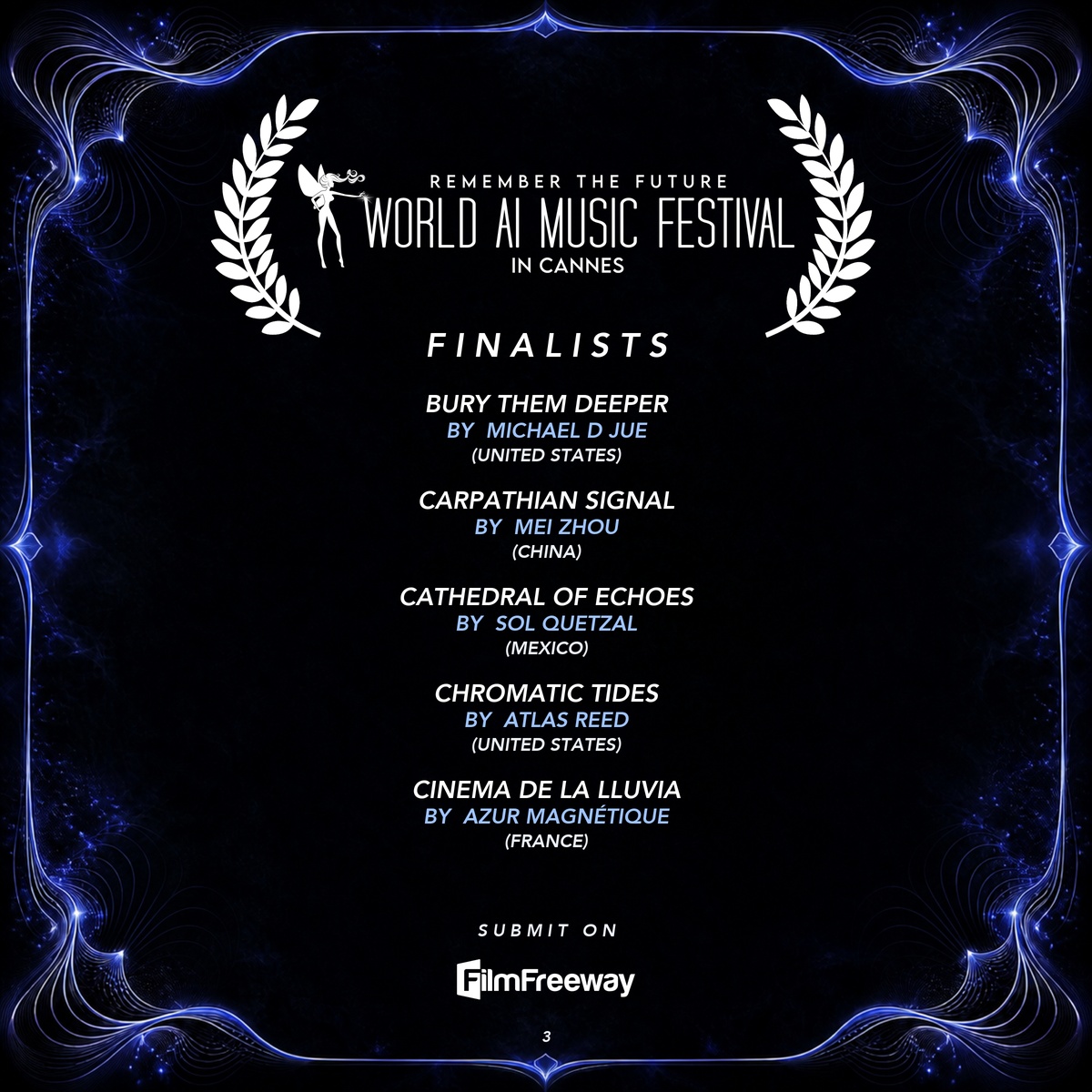 Finalistes d'août 2026 du World AI Music Festival in Cannes — visuel 3 sur 15 : BURY THEM DEEPER, Carpathian Signal, Cathedral of Echoes, Chromatic Tides, Cinema de la Lluvia