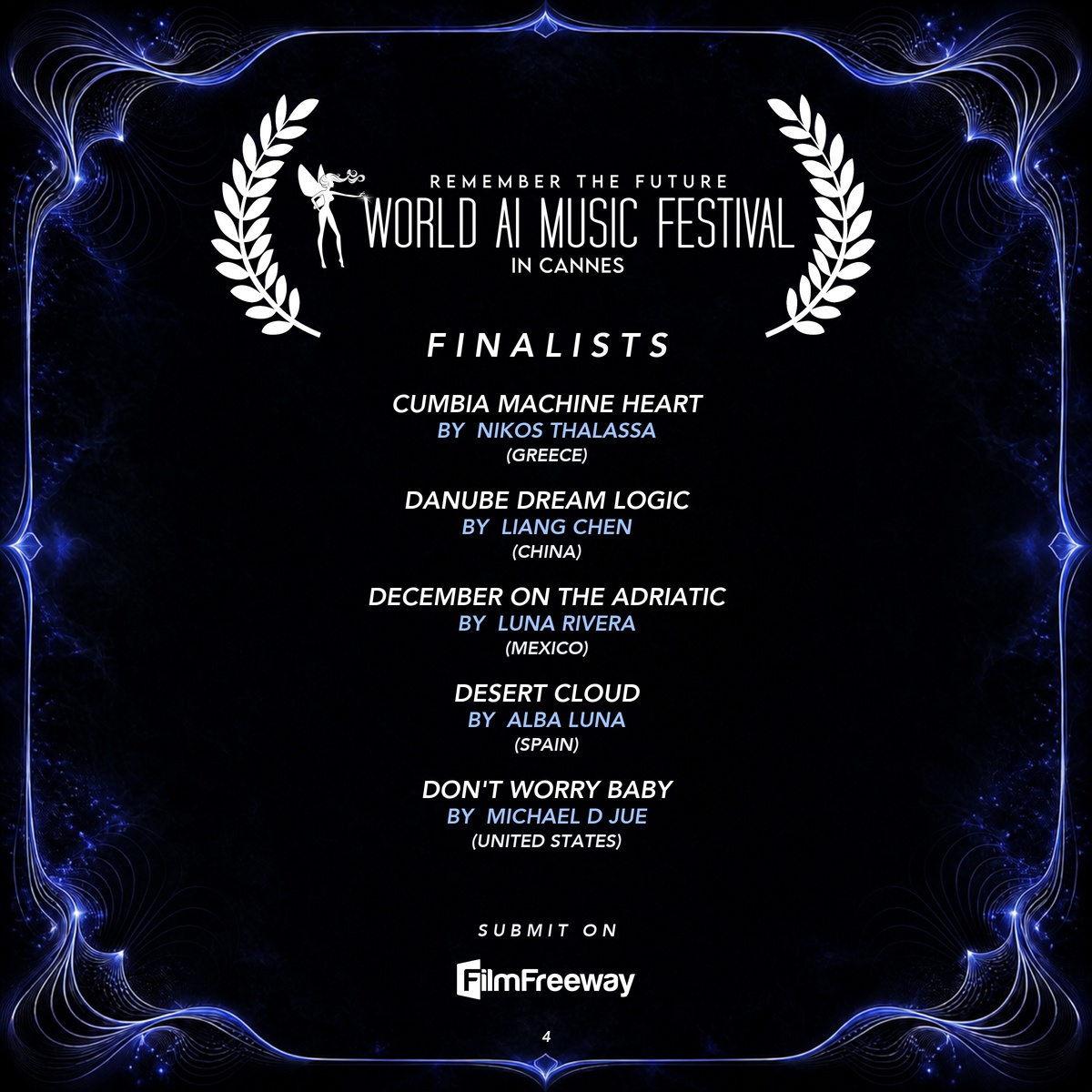 Finalistes d'août 2026 du World AI Music Festival in Cannes — visuel 4 sur 15 : Cumbia Machine Heart, Danube Dream Logic, December on the Adriatic, Desert Cloud, Don't Worry Baby