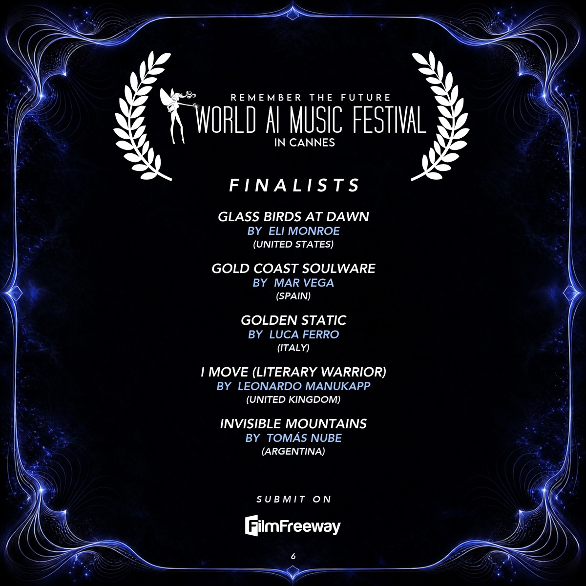 Finalistes d'août 2026 du World AI Music Festival in Cannes — visuel 6 sur 15 : Glass Birds at Dawn, Gold Coast Soulware, Golden Static, I Move (Literary Warrior), Invisible Mountains