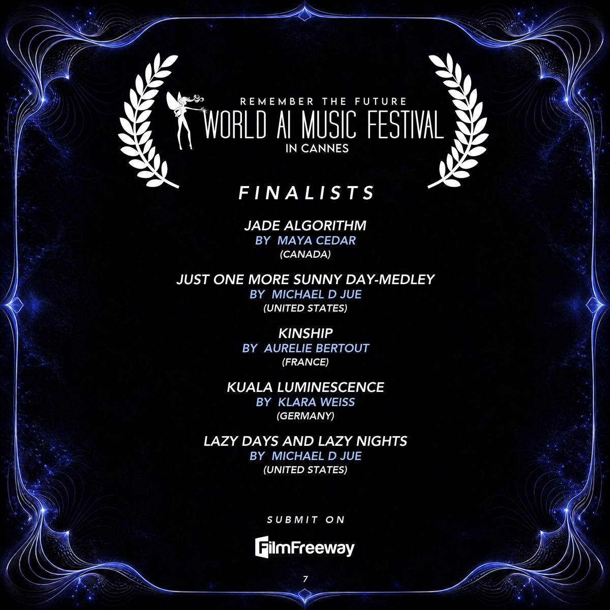 Finalistes d'août 2026 du World AI Music Festival in Cannes — visuel 7 sur 15 : Jade Algorithm, Just One More Sunny Day-Medley, Kinship, Kuala Luminescence, Lazy Days and Lazy Nights