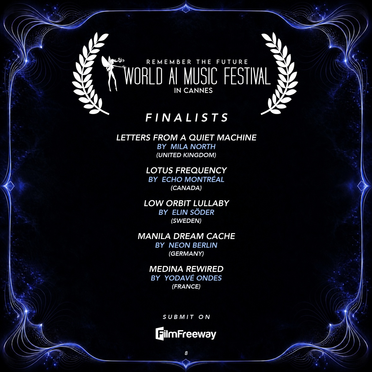 Finalistes d'août 2026 du World AI Music Festival in Cannes — visuel 8 sur 15 : Letters from a Quiet Machine, Lotus Frequency, Low Orbit Lullaby, Manila Dream Cache, Medina Rewired