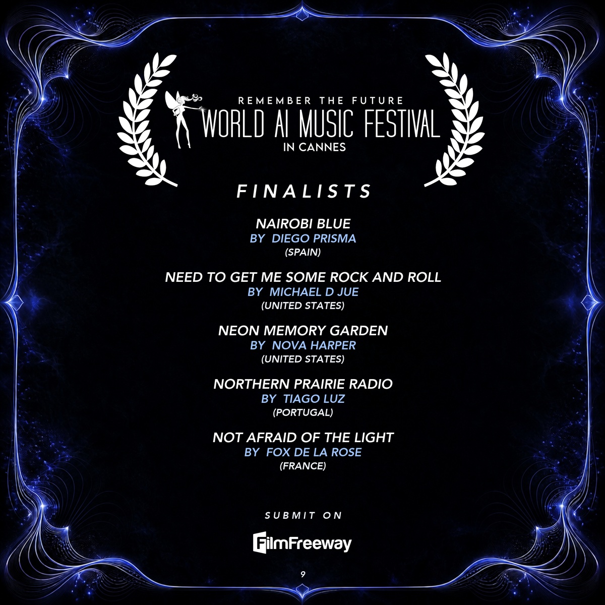Finalistes d'août 2026 du World AI Music Festival in Cannes — visuel 9 sur 15 : Nairobi Blue, Need to Get Me Some Rock and Roll, Neon Memory Garden, Northern Prairie Radio, Not Afraid of the Light