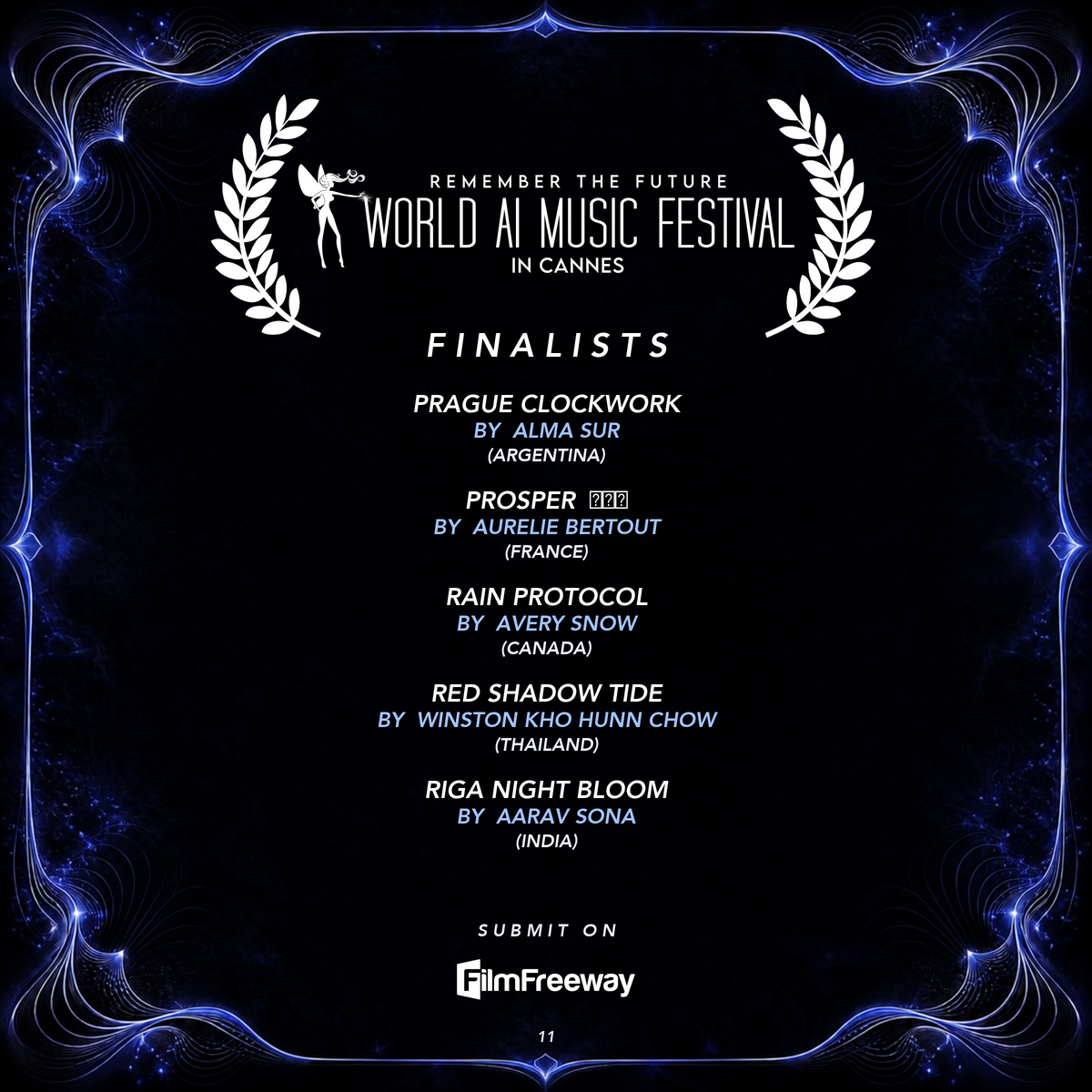 Finalistes d'août 2026 du World AI Music Festival in Cannes — visuel 11 sur 15 : Prague Clockwork, Prosper 栄える, Rain Protocol, Red Shadow Tide, Riga Night Bloom