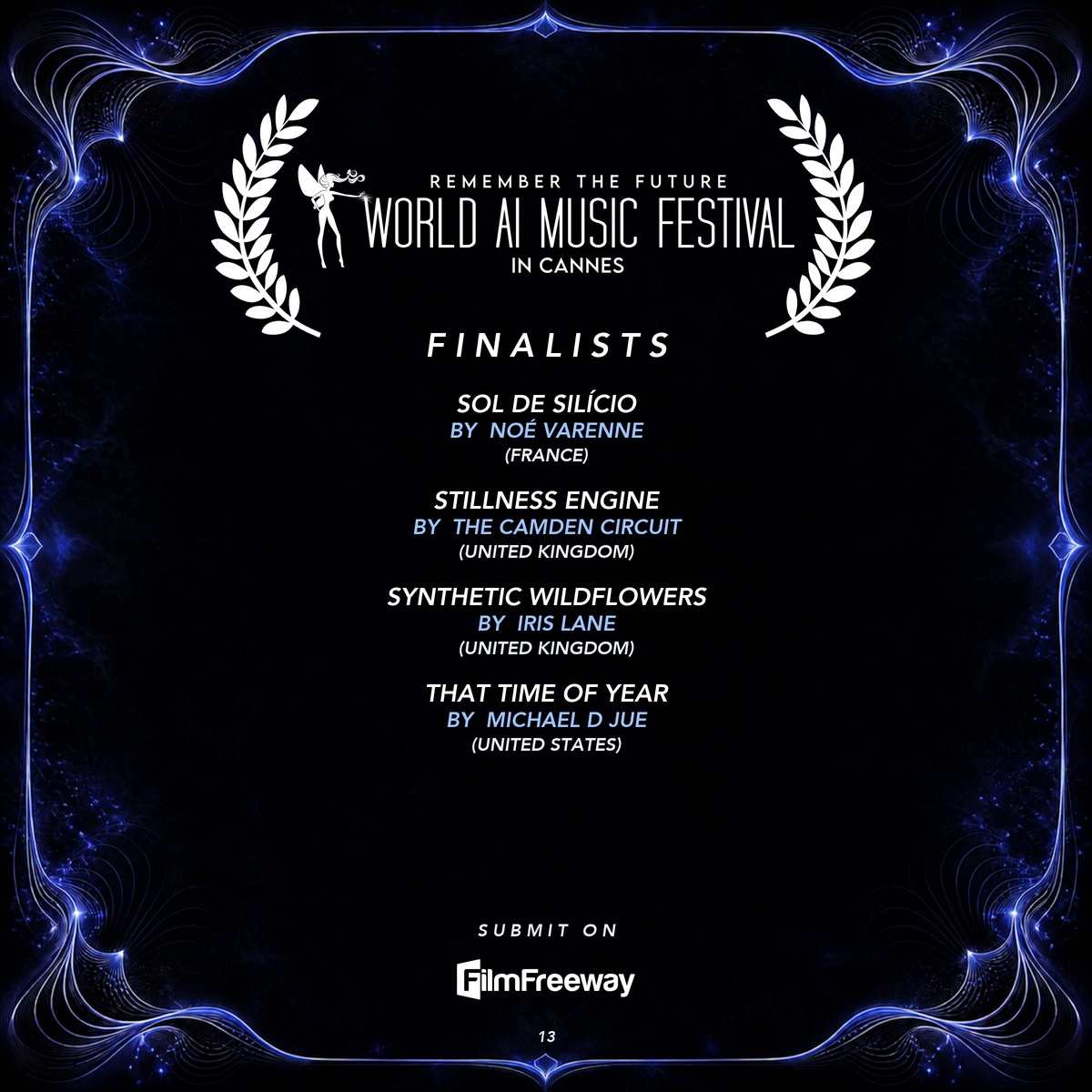 Finalistes d'août 2026 du World AI Music Festival in Cannes — visuel 13 sur 15 : Sol de Silício, Stillness Engine, Synthetic Wildflowers, That Time of Year