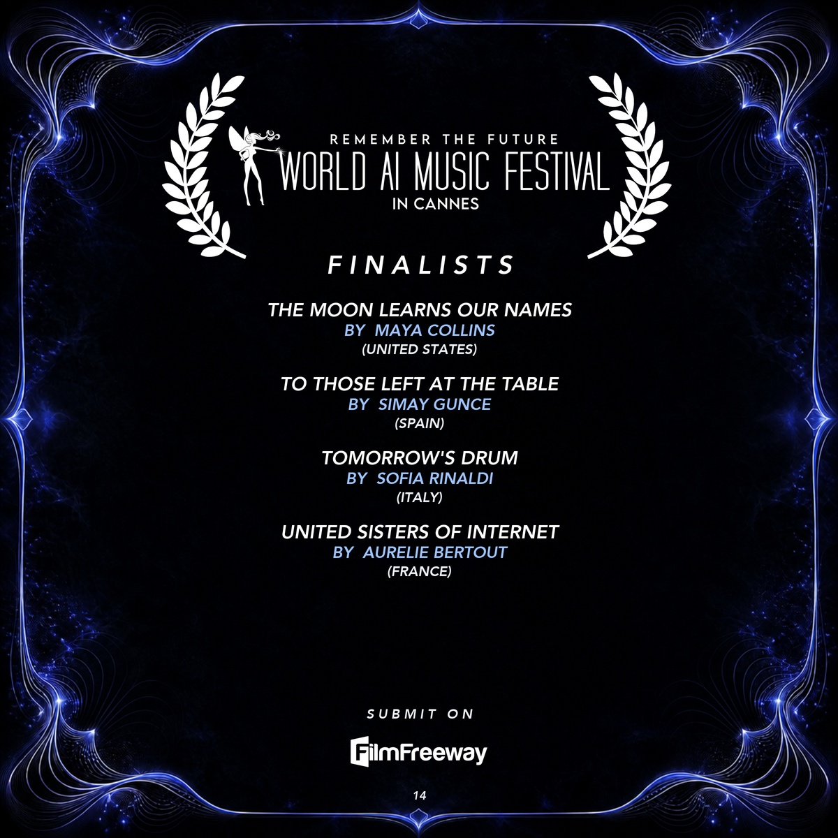 Finalistes d'août 2026 du World AI Music Festival in Cannes — visuel 14 sur 15 : The Moon Learns Our Names, To Those Left at the Table, Tomorrow's Drum, United Sisters of Internet