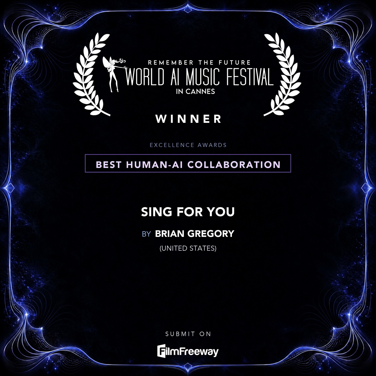 waimf-gagnants-aout-2026-03-best-human-ai-collaboration Gagnant d'août 2026 du World AI Music Festival in Cannes — Best Human-AI Collaboration : Sing For You, Brian Gregory (United States)