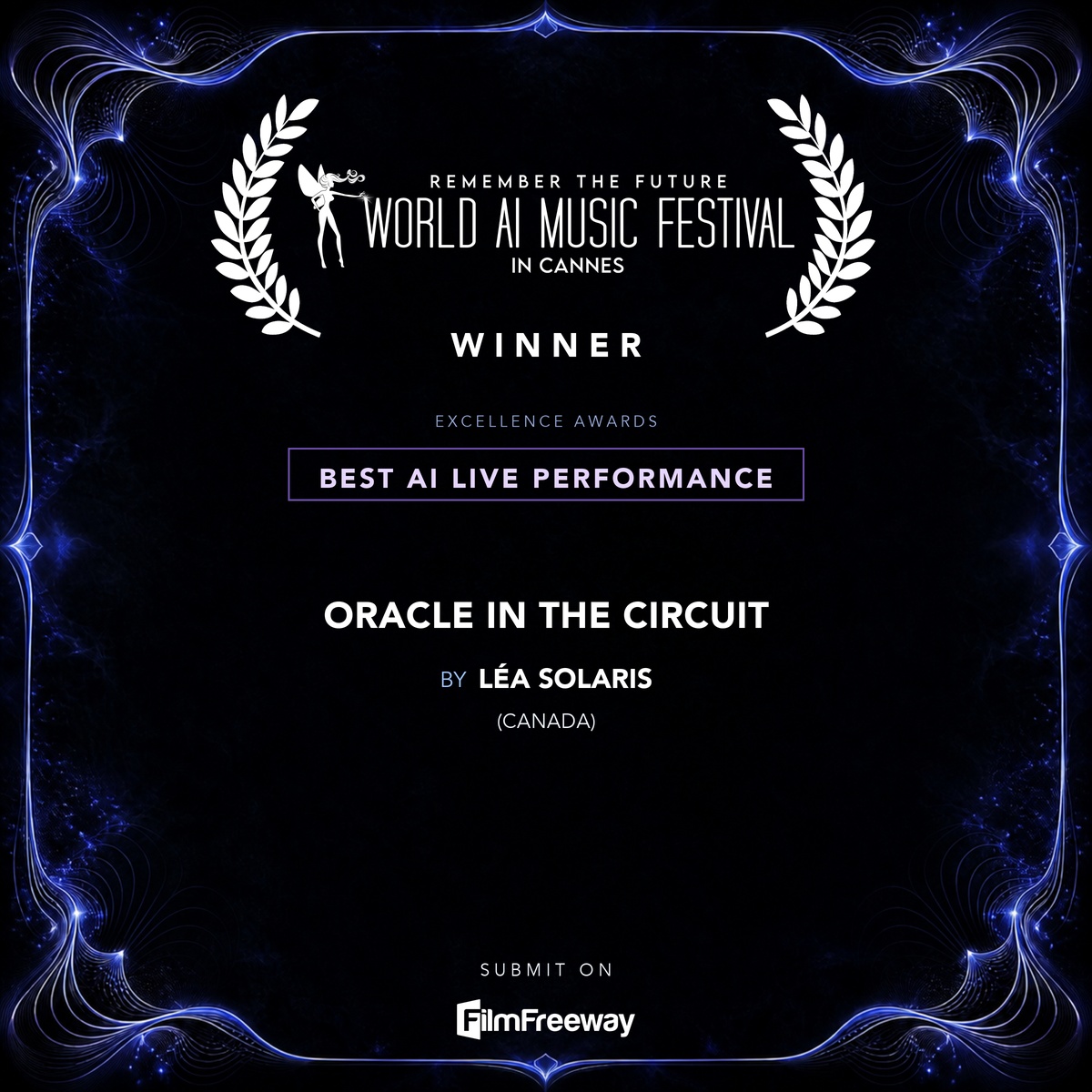waimf-gagnants-aout-2026-12-best-ai-live-performance Gagnant d'août 2026 du World AI Music Festival in Cannes — Best AI Live Performance : Oracle in the Circuit, Léa Solaris (Canada)