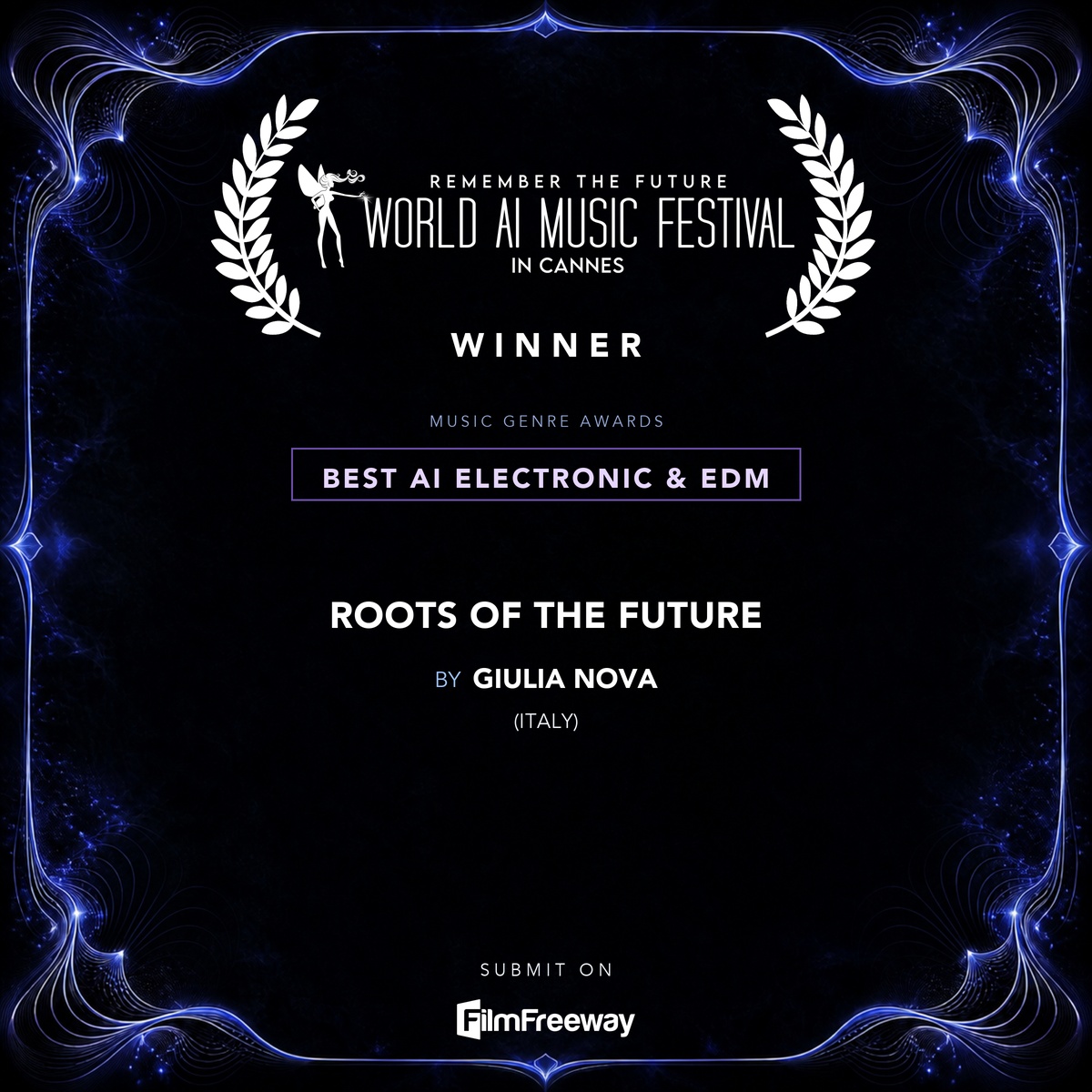 waimf-gagnants-aout-2026-21-best-ai-electronic-edm Gagnant d'août 2026 du World AI Music Festival in Cannes — Best AI Electronic & EDM : Roots of the Future, Giulia Nova (Italy)