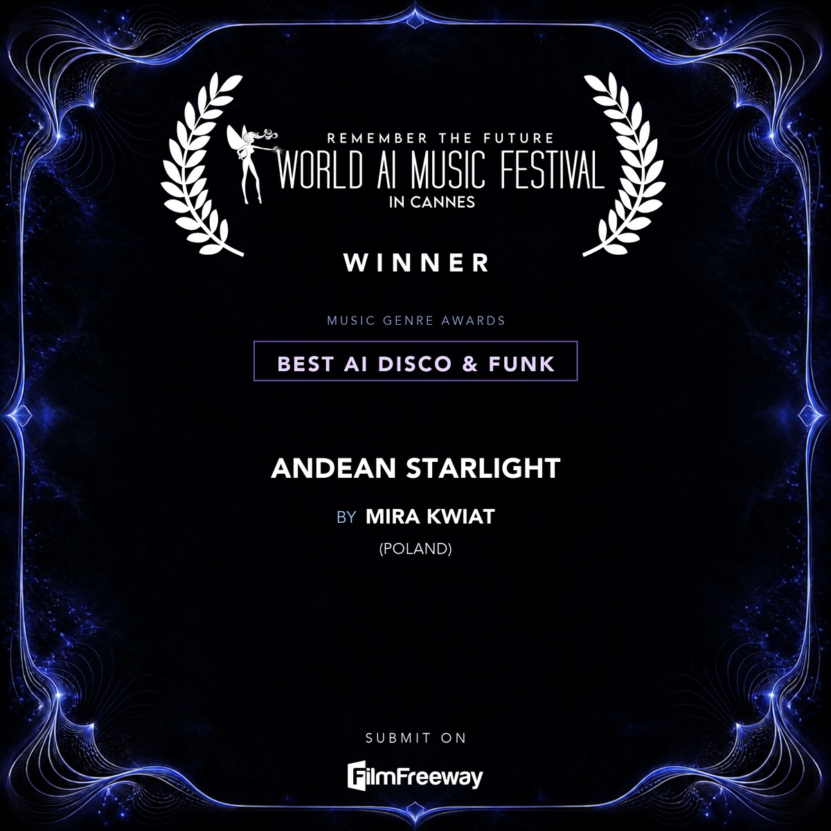 waimf-gagnants-aout-2026-25-best-ai-disco-funk Gagnant d'août 2026 du World AI Music Festival in Cannes — Best AI Disco & Funk : Andean Starlight, Mira Kwiat (Poland)