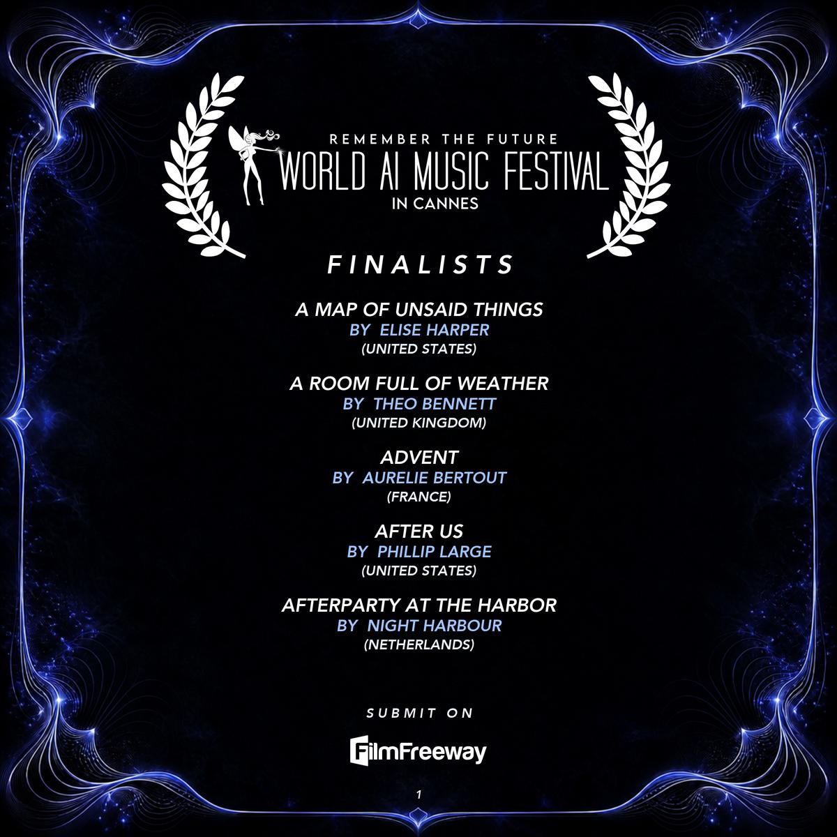 Finalistes de septembre 2026 du World AI Music Festival in Cannes — visuel 1 sur 18 : A Map of Unsaid Things, A Room Full of Weather, Advent, AFTER US, Afterparty at the Harbor