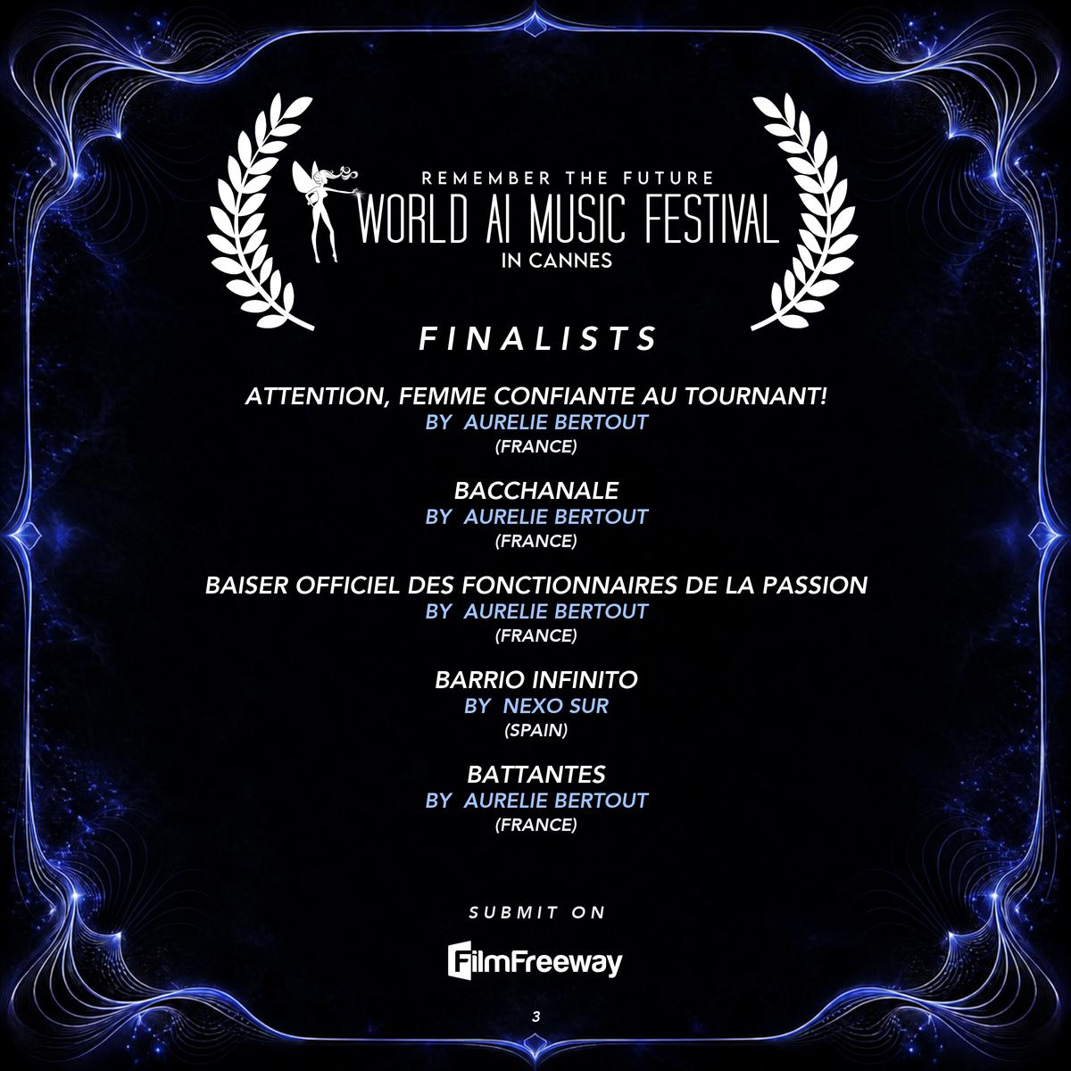 Finalistes de septembre 2026 du World AI Music Festival in Cannes — visuel 3 sur 18 : Attention, femme confiante au tournant!, Bacchanale, Baiser officiel des fonctionnaires de la passion, Barrio Infinito, Battantes