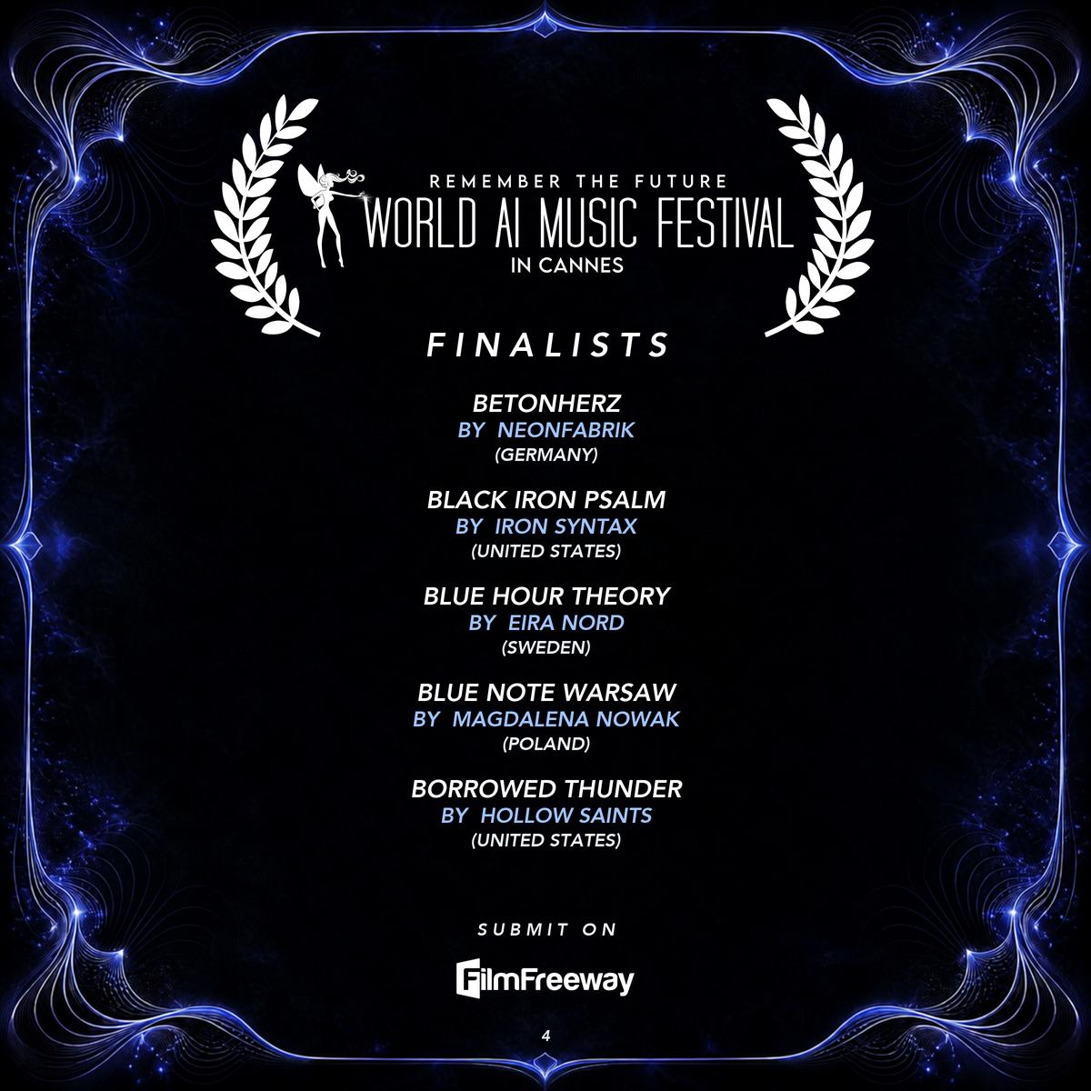 Finalistes de septembre 2026 du World AI Music Festival in Cannes — visuel 4 sur 18 : Betonherz, Black Iron Psalm, Blue Hour Theory, Blue Note Warsaw, Borrowed Thunder