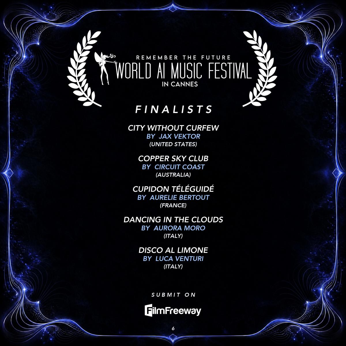 Finalistes de septembre 2026 du World AI Music Festival in Cannes — visuel 6 sur 18 : City Without Curfew, Copper Sky Club, Cupidon téléguidé, Dancing in the Clouds, Disco al Limone