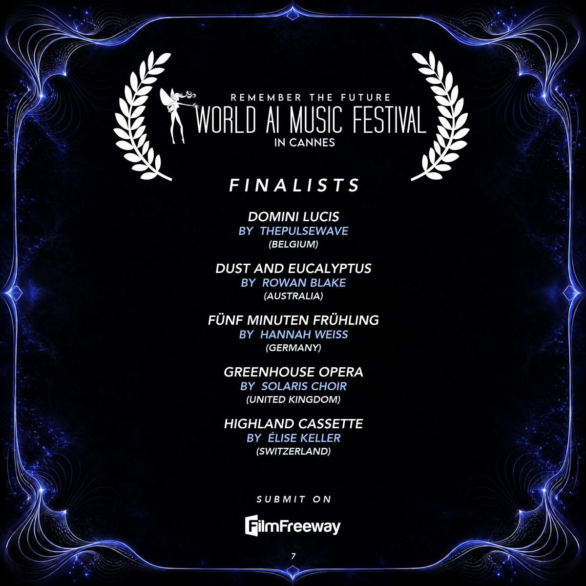 Finalistes de septembre 2026 du World AI Music Festival in Cannes — visuel 7 sur 18 : DOMINI LUCIS, Dust and Eucalyptus, Fünf Minuten Frühling, Greenhouse Opera, Highland Cassette
