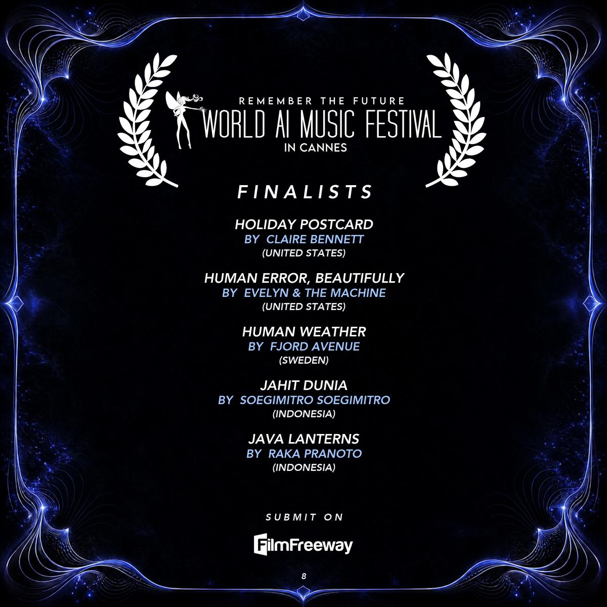 Finalistes de septembre 2026 du World AI Music Festival in Cannes — visuel 8 sur 18 : Holiday Postcard, Human Error, Beautifully, Human Weather, JAHIT DUNIA, Java Lanterns