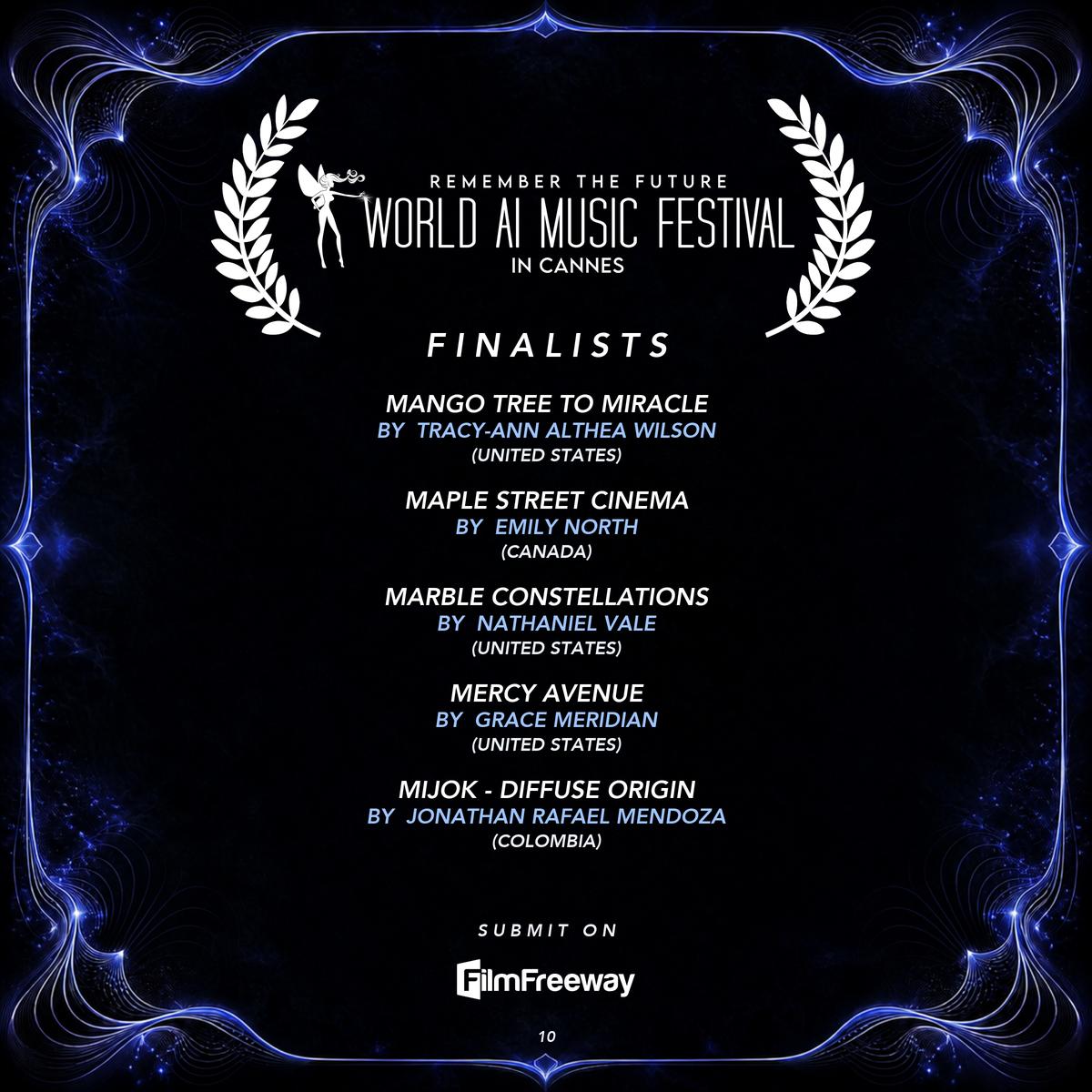Finalistes de septembre 2026 du World AI Music Festival in Cannes — visuel 10 sur 18 : Mango Tree to Miracle, Maple Street Cinema, Marble Constellations, Mercy Avenue, Mijok - Diffuse Origin