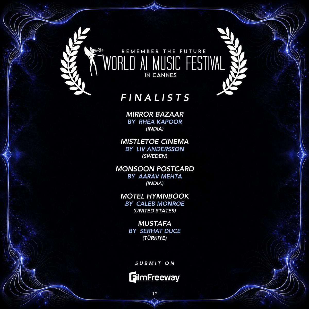 Finalistes de septembre 2026 du World AI Music Festival in Cannes — visuel 11 sur 18 : Mirror Bazaar, Mistletoe Cinema, Monsoon Postcard, Motel Hymnbook, MUSTAFA
