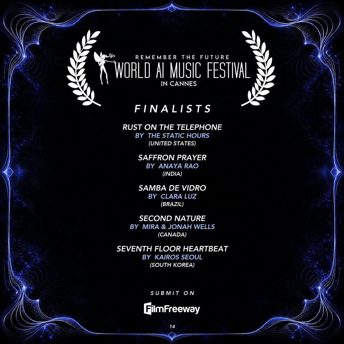Finalistes de septembre 2026 du World AI Music Festival in Cannes — visuel 14 sur 18 : Rust on the Telephone, Saffron Prayer, Samba de Vidro, Second Nature, Seventh Floor Heartbeat