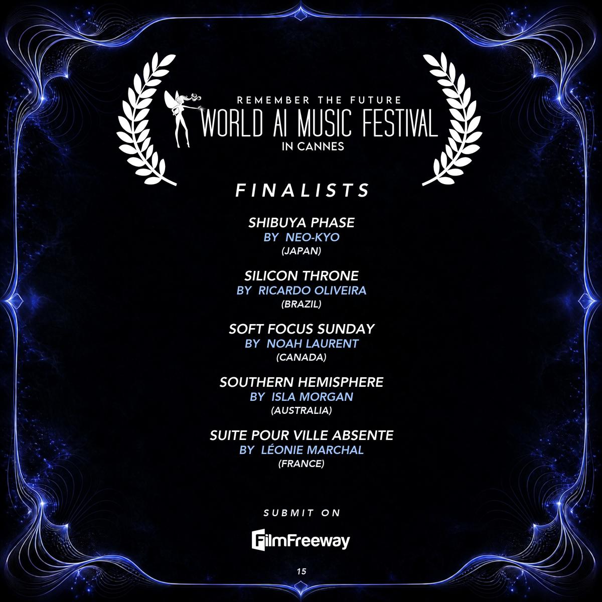 Finalistes de septembre 2026 du World AI Music Festival in Cannes — visuel 15 sur 18 : Shibuya Phase, Silicon Throne, Soft Focus Sunday, Southern Hemisphere, Suite pour ville absente