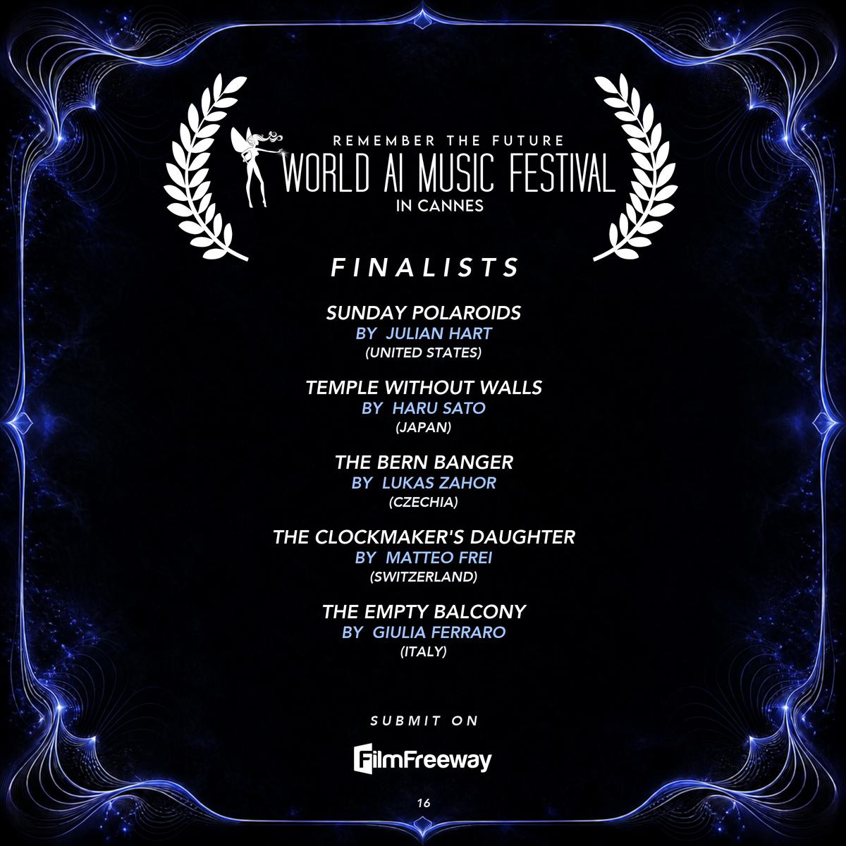 Finalistes de septembre 2026 du World AI Music Festival in Cannes — visuel 16 sur 18 : Sunday Polaroids, Temple Without Walls, The Bern Banger, The Clockmaker's Daughter, The Empty Balcony