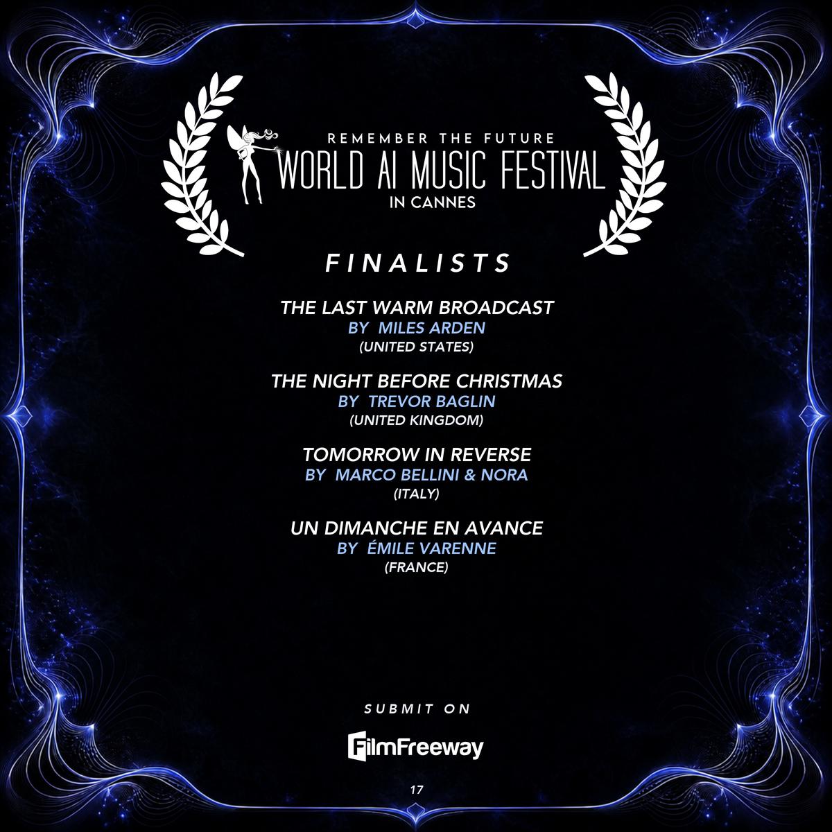 Finalistes de septembre 2026 du World AI Music Festival in Cannes — visuel 17 sur 18 : The Last Warm Broadcast, The Night Before Christmas, Tomorrow in Reverse, Un dimanche en avance