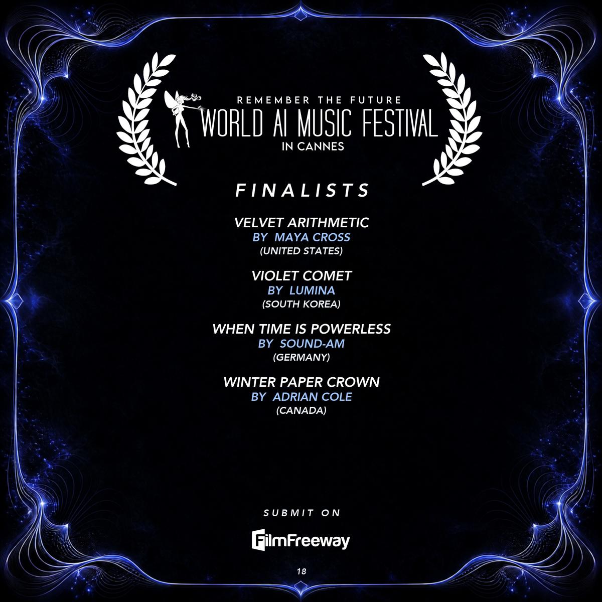 Finalistes de septembre 2026 du World AI Music Festival in Cannes — visuel 18 sur 18 : Velvet Arithmetic, Violet Comet, When Time Is Powerless, Winter Paper Crown