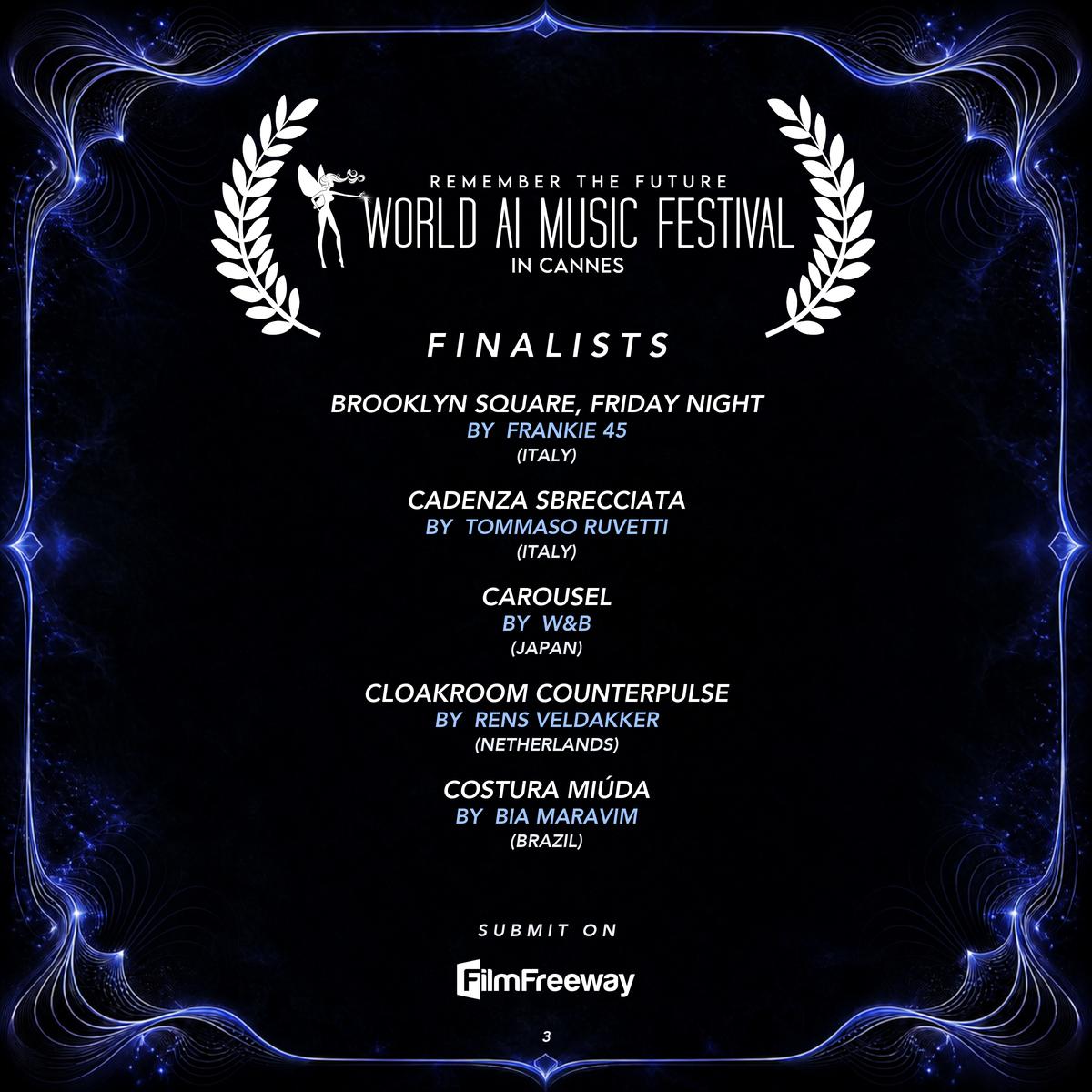 Finalistes d'octobre 2026 du World AI Music Festival in Cannes — visuel 3 sur 18 : Brooklyn Square, Friday Night, Cadenza sbrecciata, Carousel, Cloakroom Counterpulse, Costura miúda