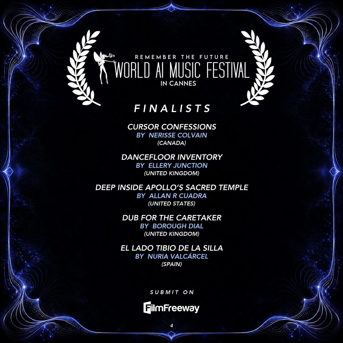 Finalistes d'octobre 2026 du World AI Music Festival in Cannes — visuel 4 sur 18 : Cursor Confessions, Dancefloor Inventory, Deep Inside Apollo’s Sacred Temple, Dub for the Caretaker, El lado tibio de la silla