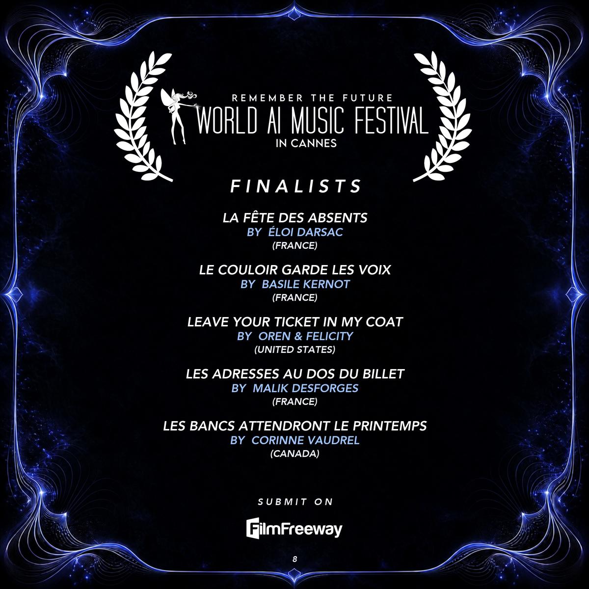 Finalistes d'octobre 2026 du World AI Music Festival in Cannes — visuel 8 sur 18 : La fête des absents, Le couloir garde les voix, Leave Your Ticket in My Coat, Les adresses au dos du billet, Les bancs attendront le printemps