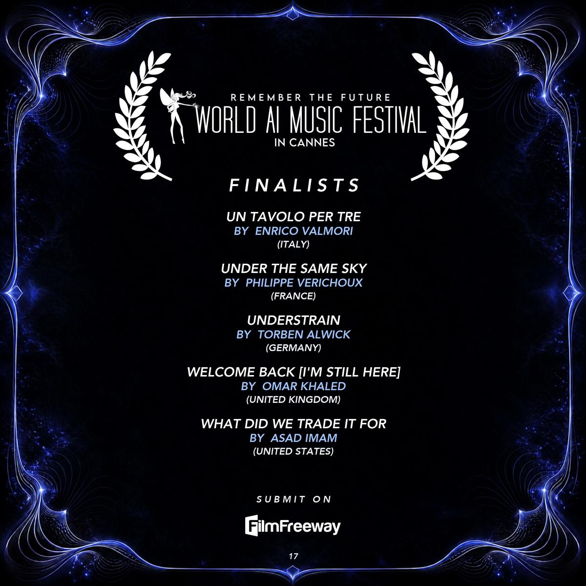 Finalistes d'octobre 2026 du World AI Music Festival in Cannes — visuel 17 sur 18 : Un tavolo per tre, UNDER THE SAME SKY, Understrain, Welcome Back [I'm Still Here], What Did We Trade It For