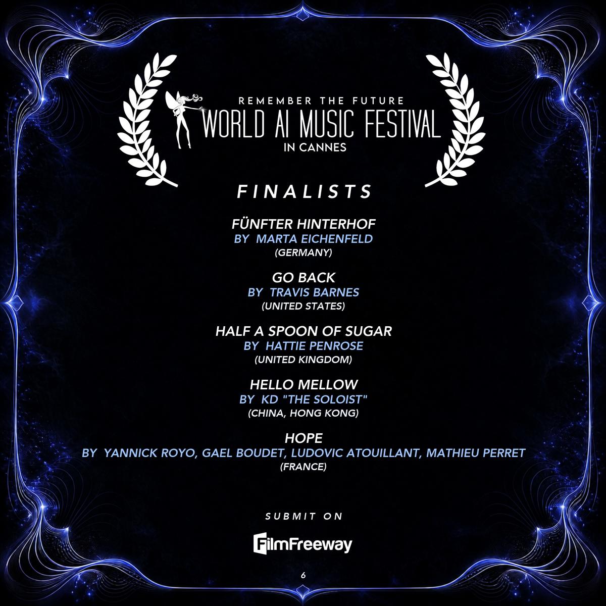 Finalistes d'octobre 2026 du World AI Music Festival in Cannes — visuel 6 sur 18 : Fünfter Hinterhof, Go Back, Half a Spoon of Sugar, Hello Mellow, Hope