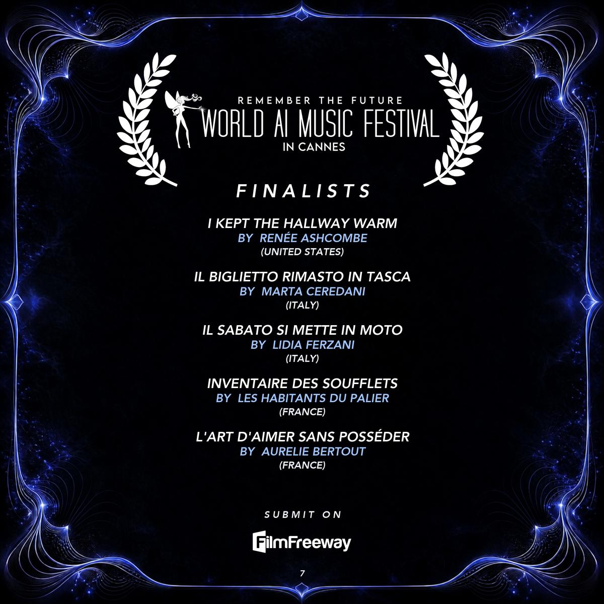 Finalistes d'octobre 2026 du World AI Music Festival in Cannes — visuel 7 sur 18 : I Kept the Hallway Warm, Il biglietto rimasto in tasca, Il sabato si mette in moto, Inventaire des soufflets, L'art d'aimer sans posséder