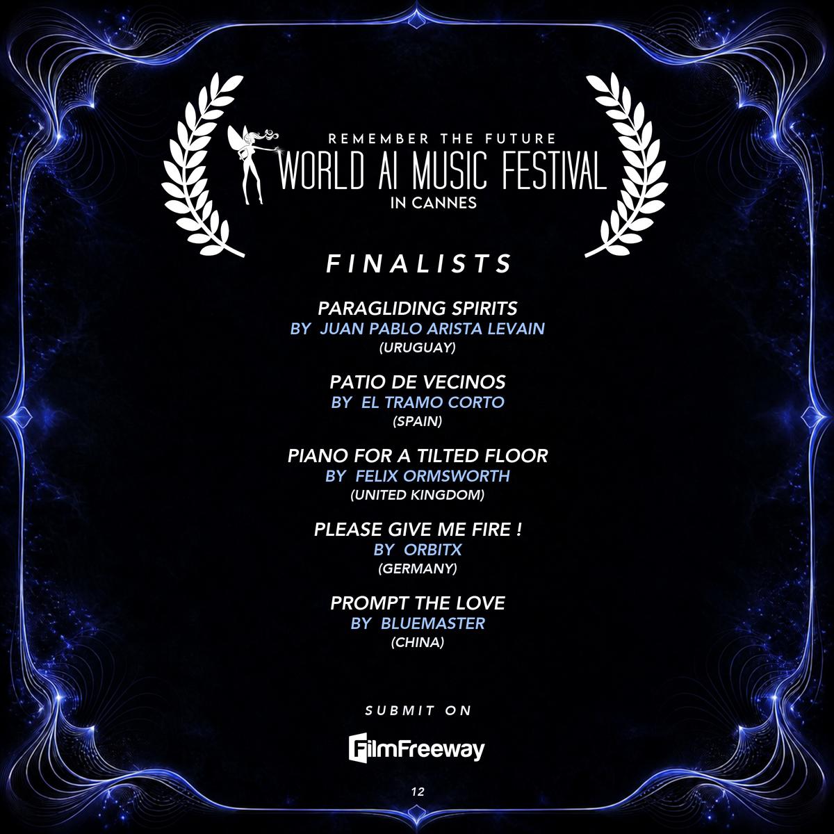 Finalistes d'octobre 2026 du World AI Music Festival in Cannes — visuel 12 sur 18 : Paragliding Spirits, Patio de vecinos, Piano for a Tilted Floor, Please give me fire !, PROMPT THE LOVE